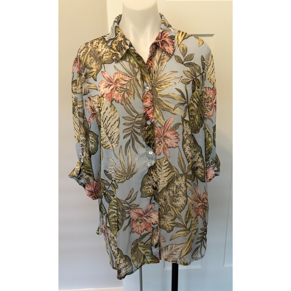 CHICOS Womens Button TOP 3/4 Sleeve BLUE Green Peach FLORAL Size 2 (L/12)